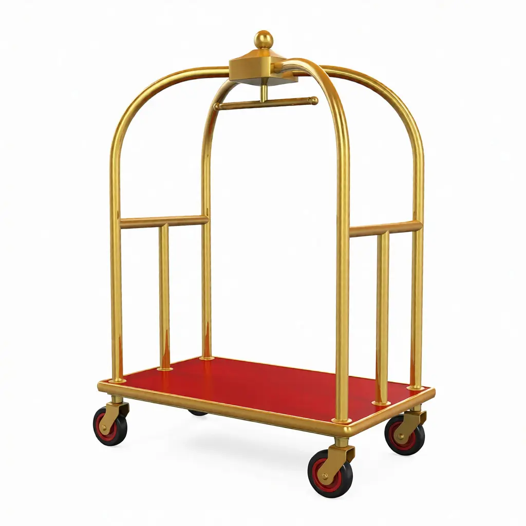 Luxury gold stainless steel birdcage luggage trolley with red carpeted base, a premium China OS&E hospitality supply for hotel lobbies.