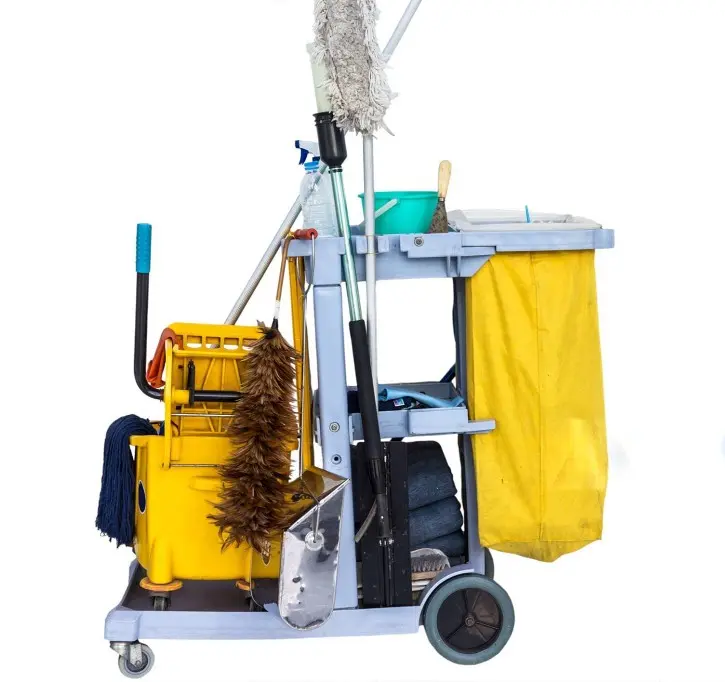 Multi-functional Hotel Janitorial Cleaning Cart - OS&E China Industrial housekeeping trolley with yellow vinyl bag, mop wringer bucket, and cleaning tools, professional OS&E China supply.