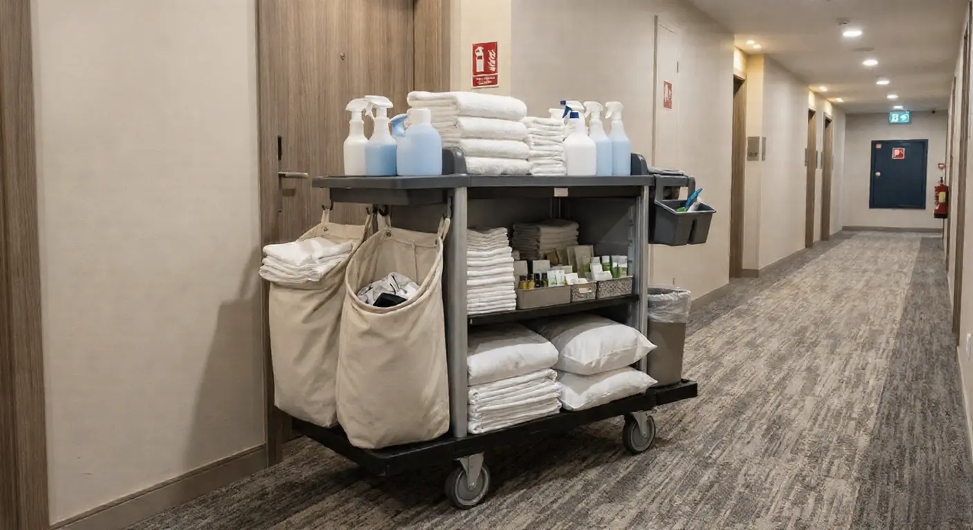 Essential OS&E China and Hospitality Supplies for Hotel Housekeeping. Professional housekeeping cart stocked with hotel OS&E China and bathroom amenities in a corridor.