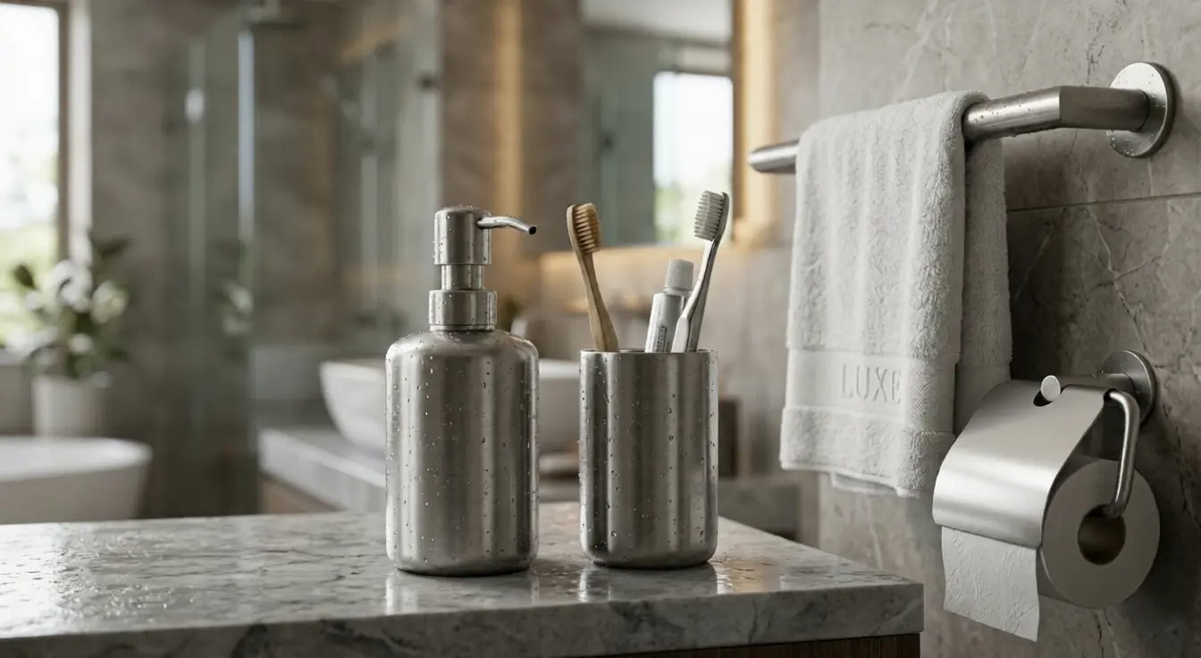 Brushing stainless steel bathroom accessories set on a marble countertop in a modern luxury bathroom setting.