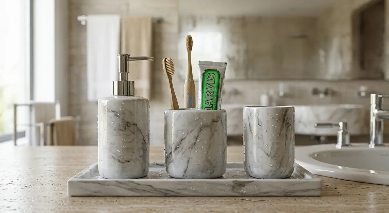 Modern white marble bathroom accessories set including a soap dispenser, toothbrush holder, and tumbler on a matching vanity tray.