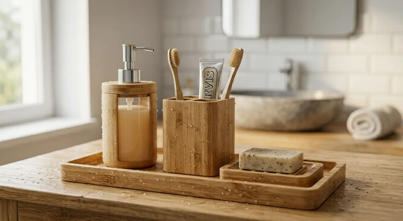 Eco-friendly bamboo bathroom accessories set including a soap dispenser, toothbrush holder, and soap dish on a wooden vanity.