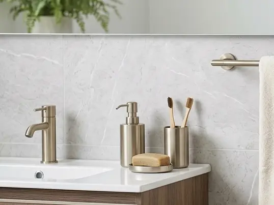 Brushed metal bathroom accessories China collection including soap dispenser and toothbrush holder