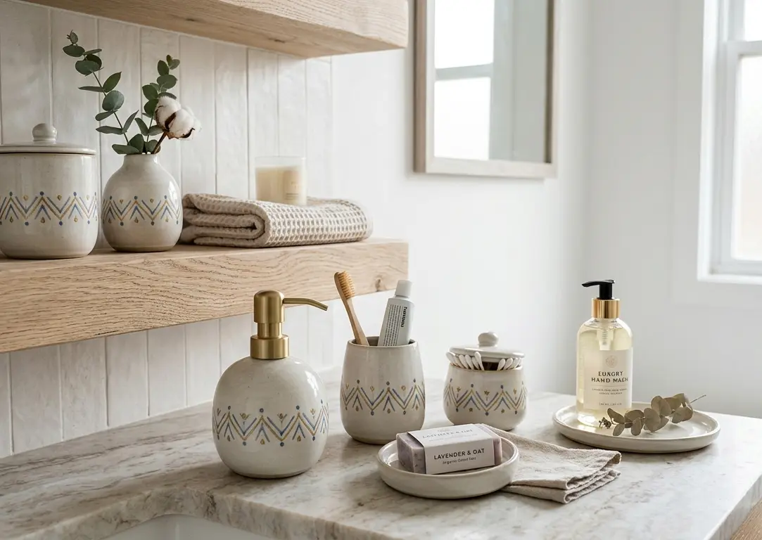 Handcrafted ceramic bathroom accessories set from China with blue and gold geometric patterns on a marble countertop.