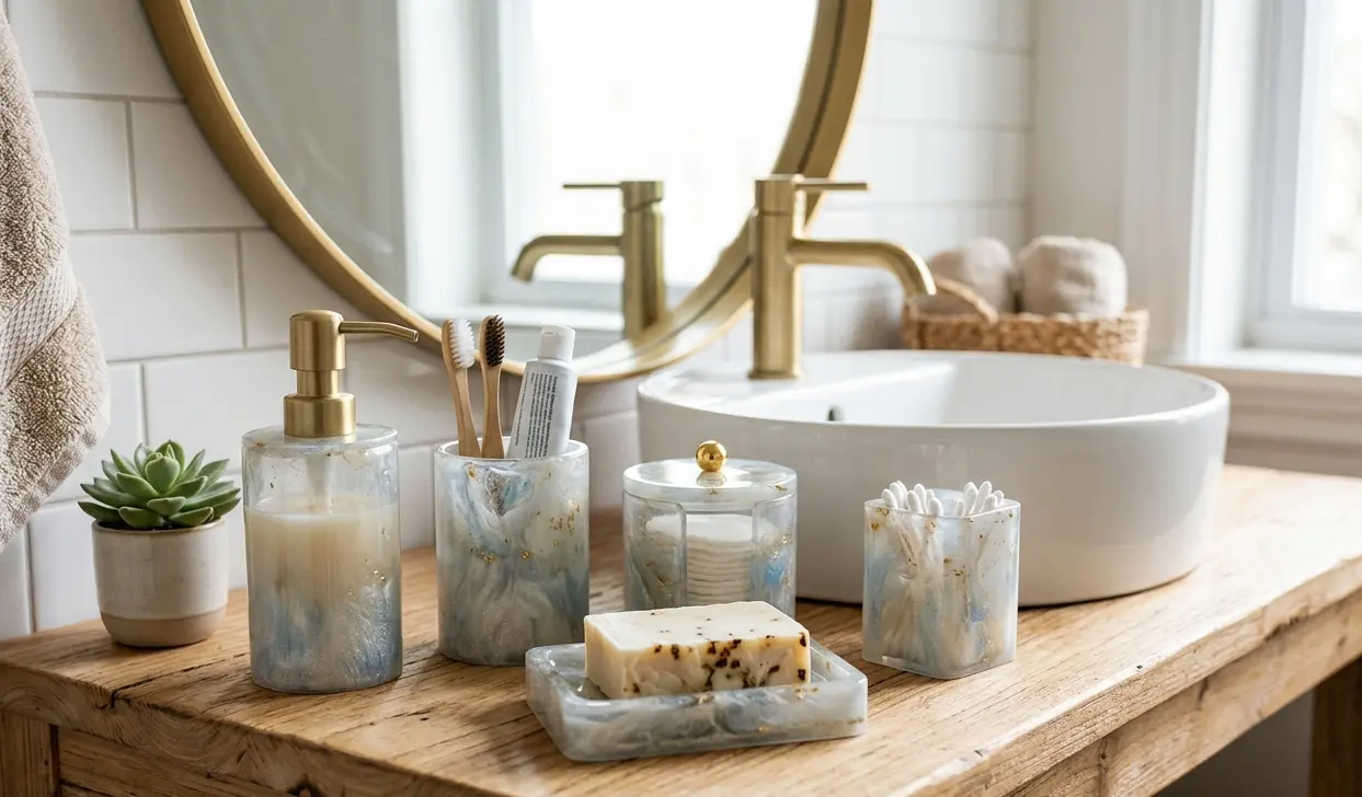 Marble effect blue and white resin Bathroom Accessories China including soap dispenser and toothbrush holder