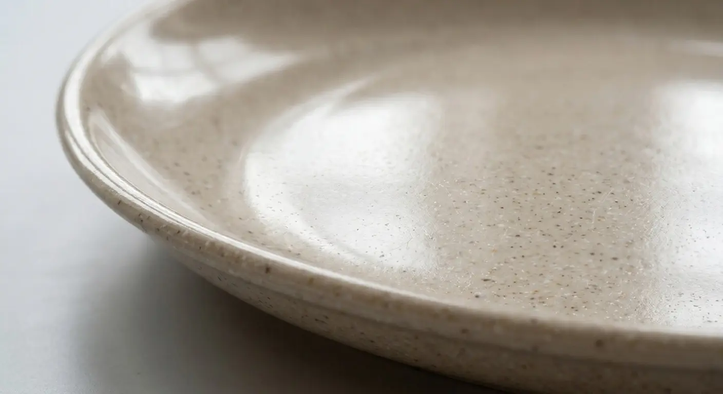Close-up of durable beige melamine tableware from China featuring a speckled stone-like texture and a polished finish.