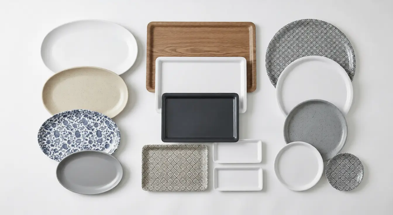 A wide variety of melamine tableware from China including oval platters, rectangular trays, and round plates in finishes such as wood grain, marble, floral patterns, and solid matte colors.