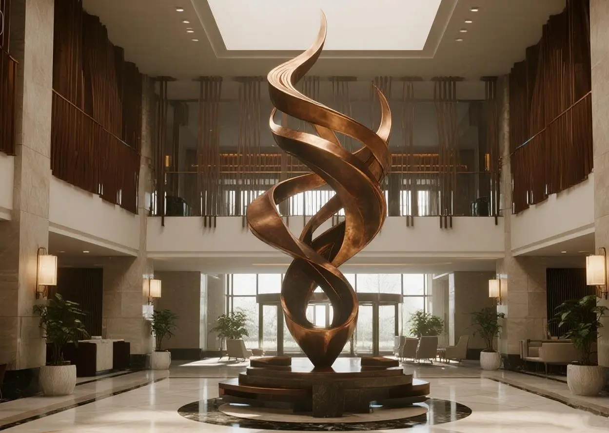 A towering bronze flame-like abstract sculpture, showcasing Custom Sculptures from China as a central focus in a modern, sunlit luxury hotel lobby.