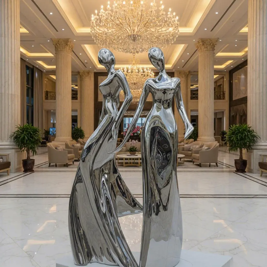 Two polished chrome statues of slender figures in flowing gowns, showcasing Custom Sculptures from China as a focal point in a neoclassical luxury hotel lobby with crystal chandeliers.