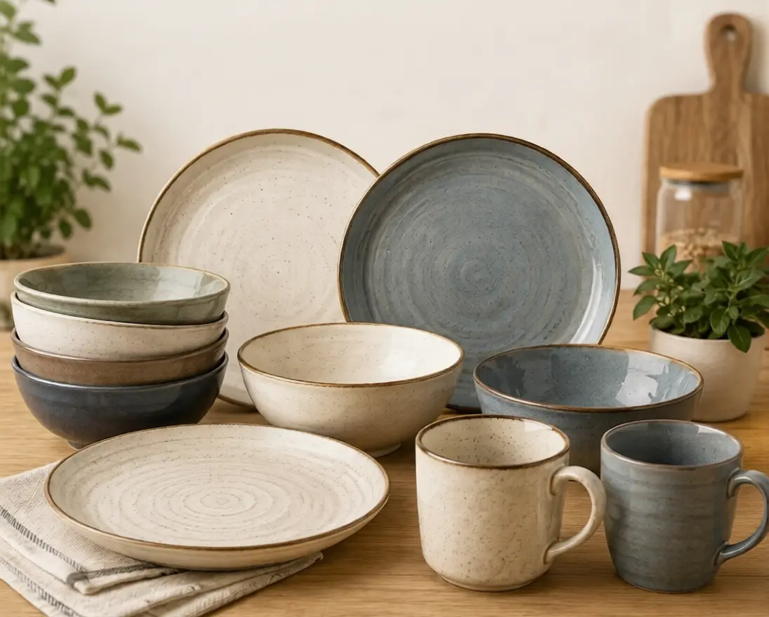 A rustic stoneware crockery set featuring dinner plates, bowls, and mugs in earth-toned beige and blue hues, sourced from China.