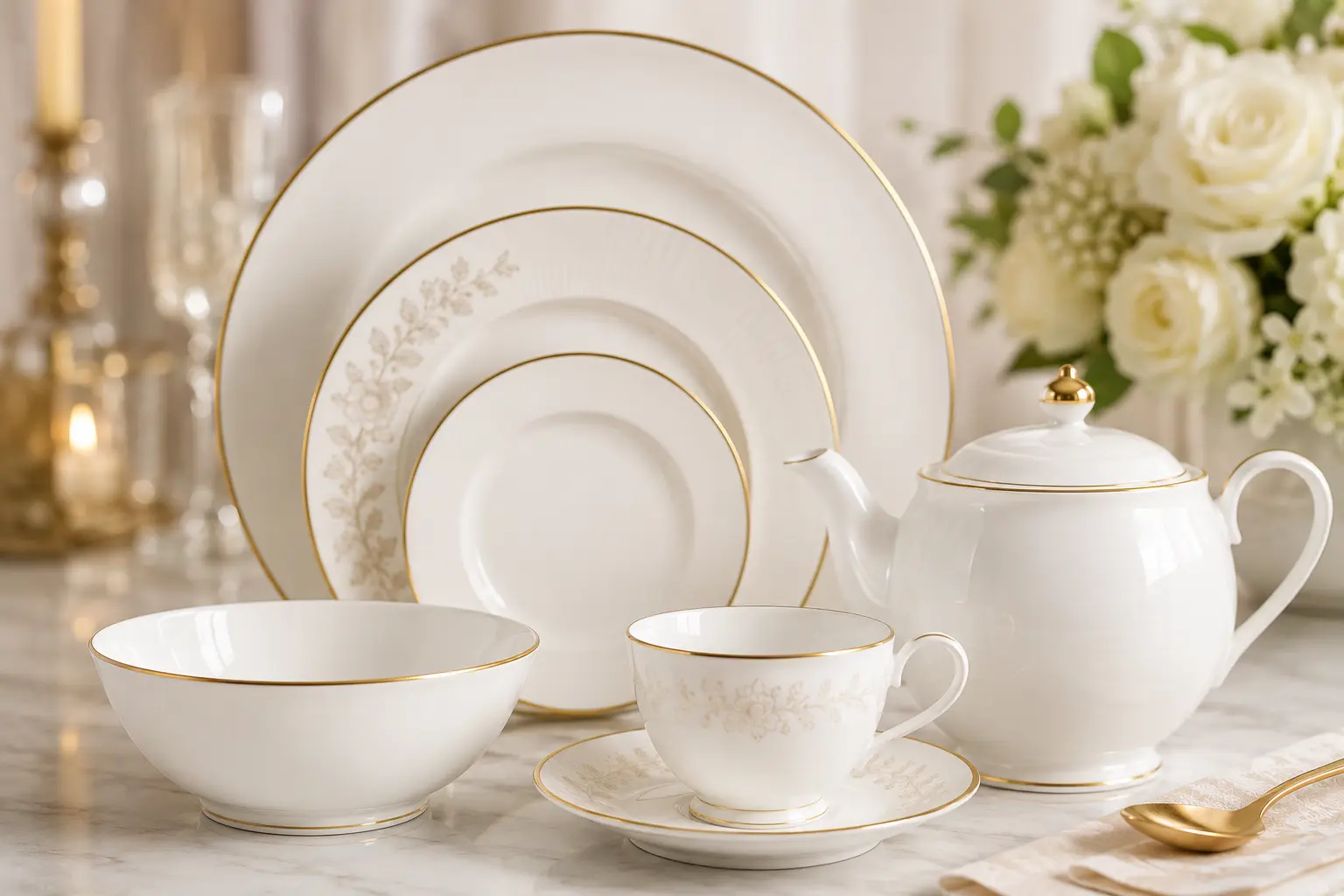 Luxurious white fine bone china dinnerware set featuring delicate floral accents and gold trim, including plates, bowls, and a teapot, sourced from China.