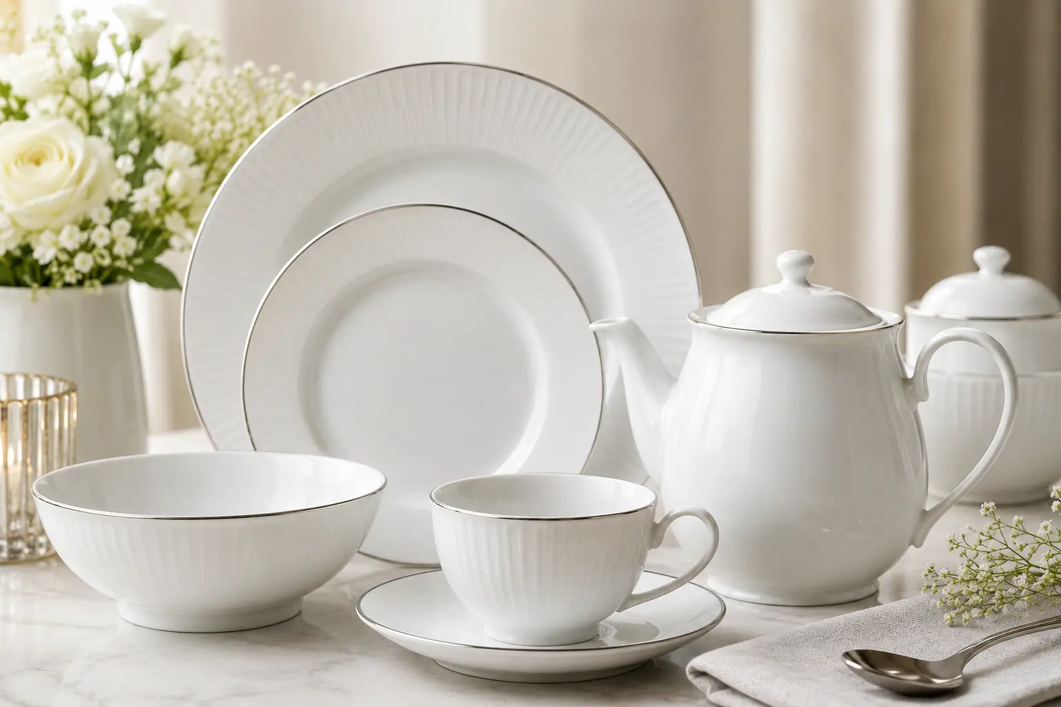 Elegant white porcelain dinnerware set including a teapot, teacup, bowls, and plates, featuring a subtle ribbed design and silver trim, sourced from China.