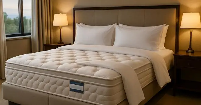 Plush pillow-top hotel mattress imported from China featured in a fully dressed guestroom suite with matching nightstands and lamps.