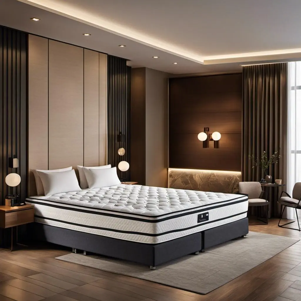 High-end luxury hotel mattress imported from China showcased in a modern, elegant bedroom interior with dark wood paneling and ambient lighting.
