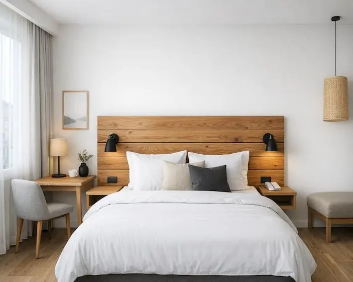 Minimalist Wooden Slat Chinese Headboard Design Modern wooden slat Chinese headboard with built-in reading lights and matching nightstands in a minimalist bedroom