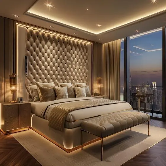 Luxury Floor-to-Ceiling Tufted Chinese Headboard Design Luxurious floor-to-ceiling tufted Chinese headboard with warm LED perimeter accent lighting in a high-rise bedroom