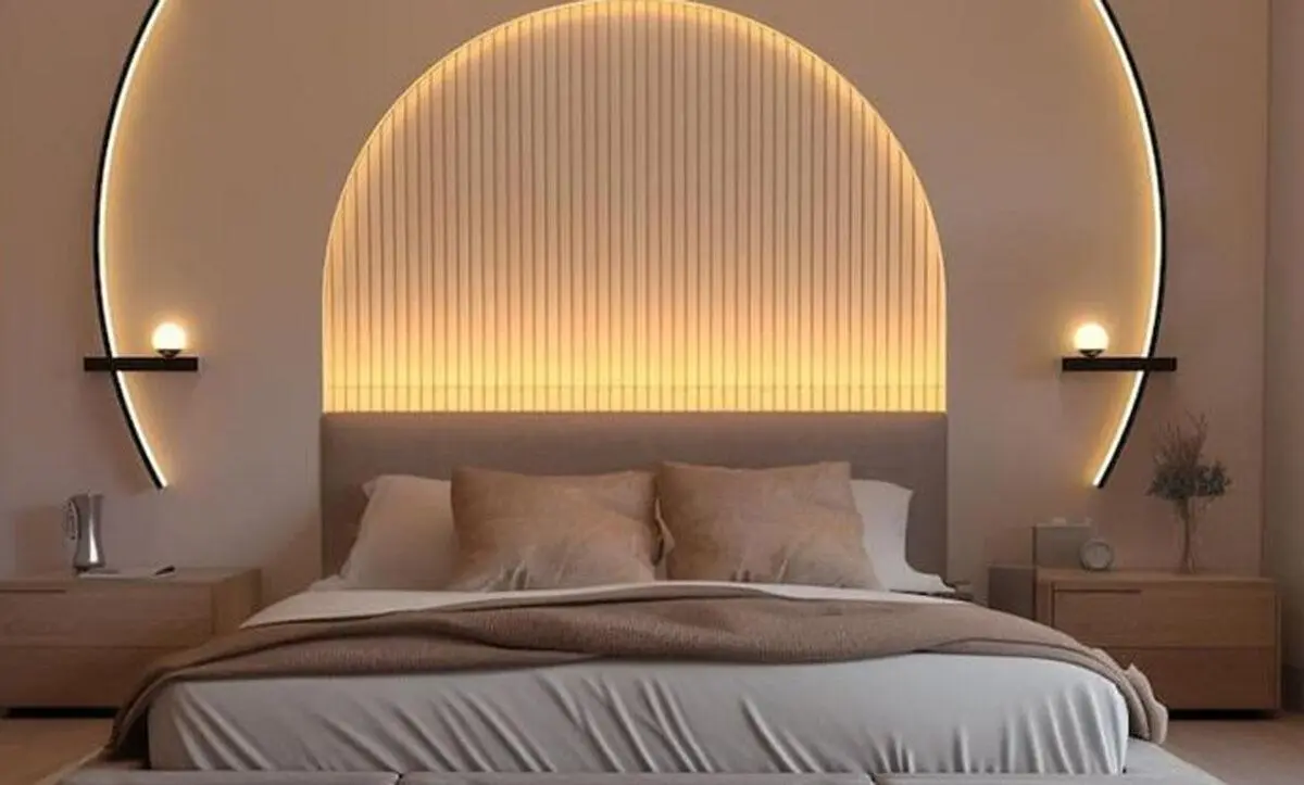 Modern Arched LED Backlit Chinese Headboard Design Contemporary arched Chinese headboard with built-in LED backlighting and fluted wood wall panels