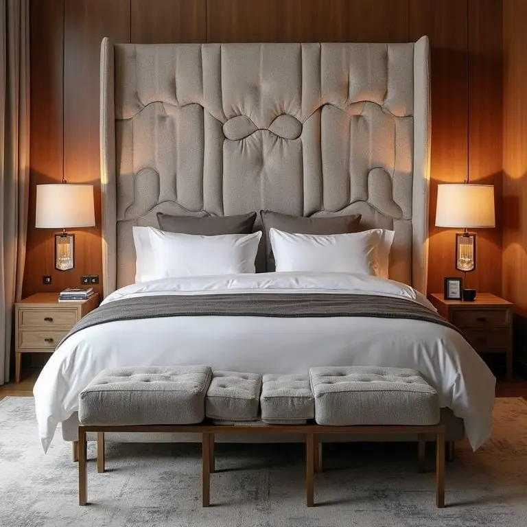 Luxury Tufted Chinese Headboard with Modern Bedroom Decor Elegant upholstered Chinese headboard with tufted detailing and matching bedside lamps in a modern bedroom setting