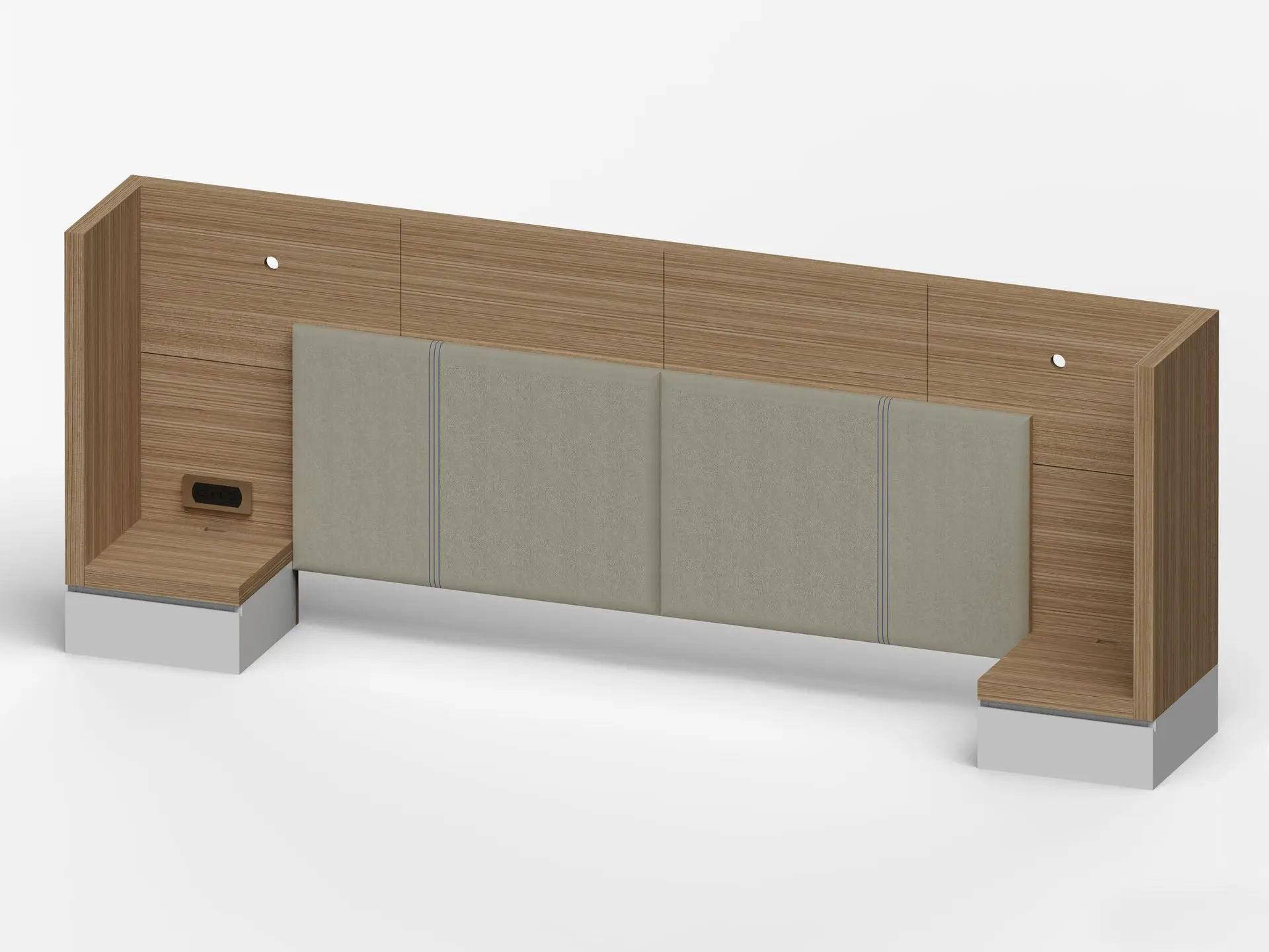 Integrated Wooden Chinese Headboard with Built-In Nightstands Custom wooden Chinese headboard with integrated side nightstands, power outlets, and upholstered panels