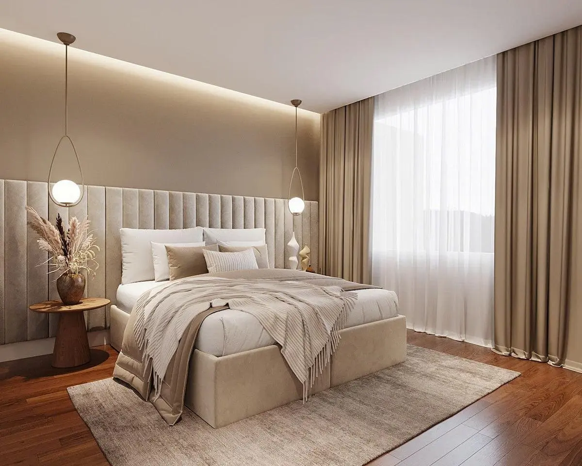 Modern Upholstered Chinese Headboard for Hospitality Design Custom Chinese upholstered wall-panel headboard in a modern hotel bedroom design