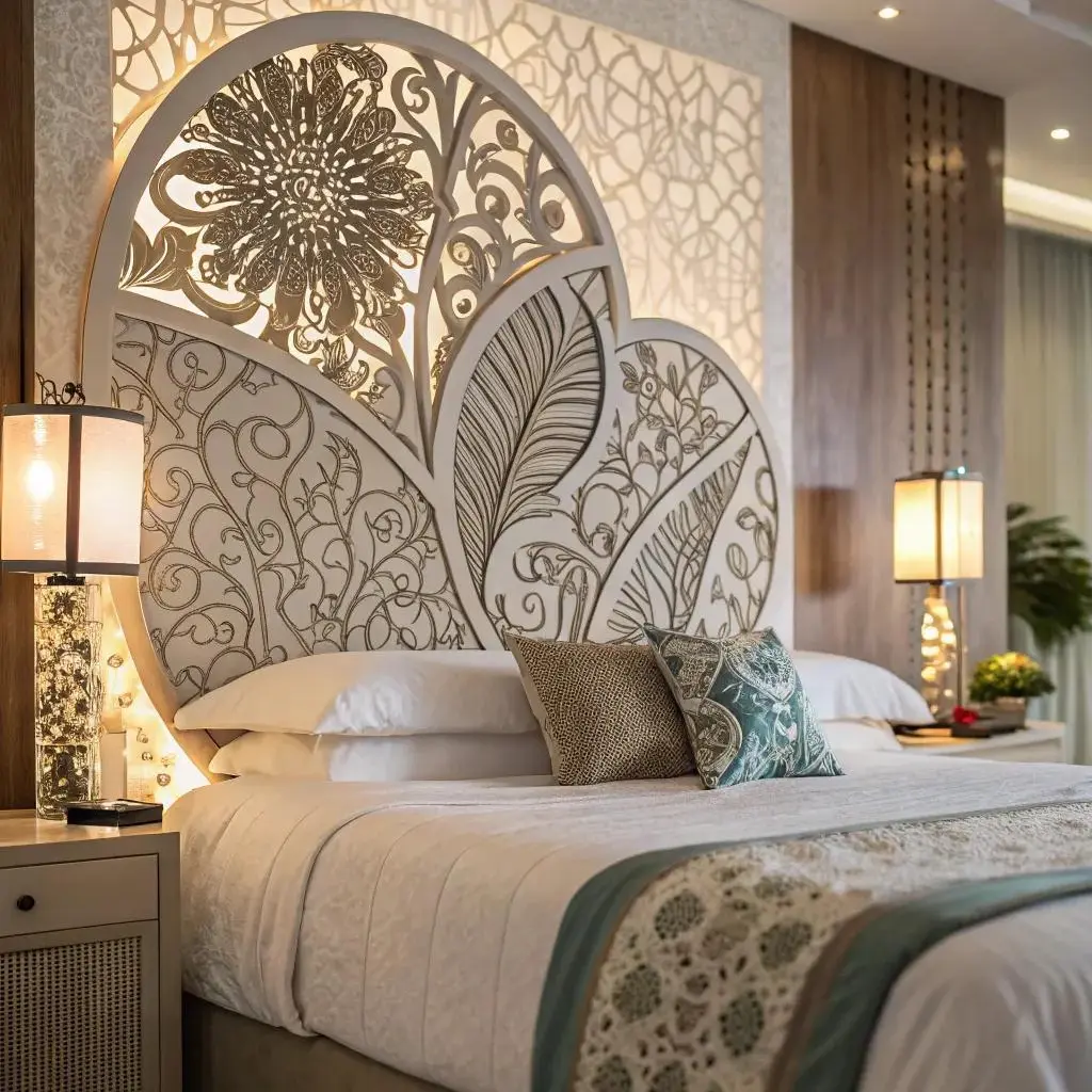 Decorative Carved Wooden Chinese Headboard Design Intricately carved wooden Chinese headboard with floral and leaf patterns in a luxury hotel bedroom