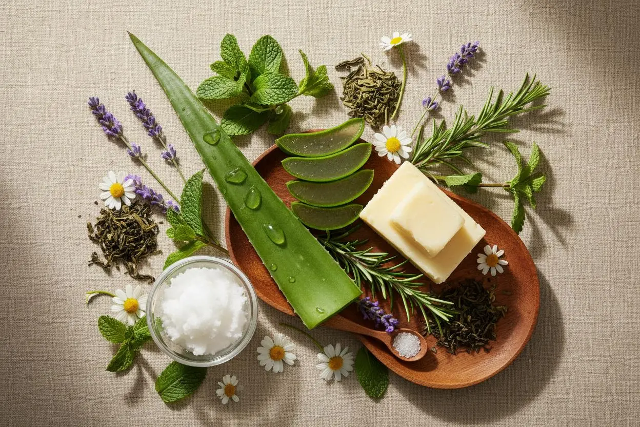 Eco-Friendly Natural Hotel Room Toiletries Ingredients Flat lay of organic natural ingredients for eco-friendly hotel room toiletries, including aloe vera, herbs, and bar soap on a wooden tray
