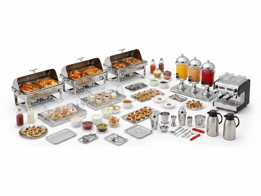 Complete Commercial Buffet Equipment China Collection Complete commercial catering and buffet equipment China set showcasing stainless steel chafing dishes, beverage dispensers, and coffee machines.